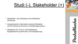 Studi (-), Stakeholder (+)
• Stakeholder: „Die Verwaltung“ einer öffentlichen
Einrichtung
• Ansprechpartner: Informatisch versierter Mitarbeiter
der Einrichtung mit Ahnung von Verwaltungsprozessen
• Zielstellung: Ein Tool zur nachvollziehbaren
Budgetberechnung (Personal- und Projektplanung)
 