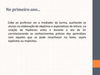 No primeiro ano...
Cabe ao professor ser o mediador da turma, auxiliando os
alunos na elaboração de objetivos e expectativas de leitura, na
criação de hipóteses antes e durante o ato de ler
correlacionando os conhecimentos prévios dos aprendizes
com aqueles que se pode reconhecer no texto, sejam
explícitos ou implícitos.

 