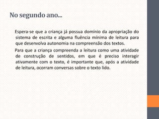 No segundo ano...
Espera-se que a criança já possua domínio da apropriação do
sistema de escrita e alguma fluência mínima de leitura para
que desenvolva autonomia na compreensão dos textos.
Para que a criança compreenda a leitura como uma atividade
de construção de sentidos, em que é preciso interagir
ativamente com o texto, é importante que, após a atividade
de leitura, ocorram conversas sobre o texto lido.

 