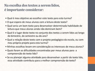 Na escolha dos textos a serem lidos,
é importante considerar:
• Qual é meu objetivo ao escolher este texto para esta turma?
• O que espero de meus alunos com a leitura deste texto?
• Qual seria um bom texto para desenvolver determinada habilidade de
leitura que meus alunos ainda não dominam bem?
• Qual é o lugar deste texto no conjunto dos textos a serem lidos ao longo
do bimestre, do semestre ou do ano?
• Qual a relação deste texto com o projeto pedagógico da escola, ou com
meu próprio projeto para esta turma?
• Minhas escolhas levam em consideração os interesses de meus alunos?
• Quais foram as dificuldades encontradas por meus alunos para a
compreensão do texto lido?
• Se eu planejei alguma atividade para desenvolver a partir do texto lido,
essa atividade contribuiu para a melhor compreensão do texto?

 