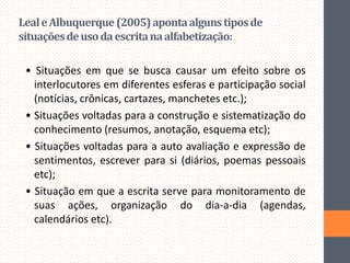 Leal e Albuquerque (2005) aponta alguns tipos de
situações de uso da escrita na alfabetização:
• Situações em que se busca causar um efeito sobre os
interlocutores em diferentes esferas e participação social
(notícias, crônicas, cartazes, manchetes etc.);
• Situações voltadas para a construção e sistematização do
conhecimento (resumos, anotação, esquema etc);
• Situações voltadas para a auto avaliação e expressão de
sentimentos, escrever para si (diários, poemas pessoais
etc);
• Situação em que a escrita serve para monitoramento de
suas ações, organização do dia-a-dia (agendas,
calendários etc).

 