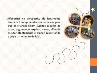 Alfabetizar na perspectiva do letramento
também é compreender que se ensina para
que as crianças sejam sujeitos capazes de
expor, argumentar, explicar, narrar, além de
escutar atentamente e opinar, respeitando
a vez e o momento de falar.

 