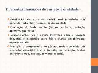 Diferentes dimensões do ensino da oralidade
Valorização dos textos de tradição oral (atividades com
parlendas, adivinhas, recontos, cantorias etc.);
 Oralização do texto escrito (leitura de texto, recitação,
apresentação teatral);
Relações entre fala e escrita (reflexões sobre a variação
linguística e interseção entre fala e escrita em diferentes
espaços sociais);
Produção e compreensão de gêneros orais (seminário, júri
simulado, exposição oral, entrevista, dramatização, teatro,
entrevistas orais, debates, conversa, recado).

 