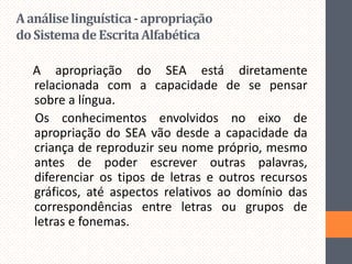 A análise linguística - apropriação
do Sistema de Escrita Alfabética
A apropriação do SEA está diretamente
relacionada com a capacidade de se pensar
sobre a língua.
Os conhecimentos envolvidos no eixo de
apropriação do SEA vão desde a capacidade da
criança de reproduzir seu nome próprio, mesmo
antes de poder escrever outras palavras,
diferenciar os tipos de letras e outros recursos
gráficos, até aspectos relativos ao domínio das
correspondências entre letras ou grupos de
letras e fonemas.

 