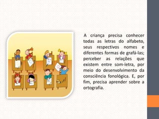 A criança precisa conhecer
todas as letras do alfabeto,
seus respectivos nomes e
diferentes formas de grafá-las;
perceber as relações que
existem entre som-letra, por
meio do desenvolvimento da
consciência fonológica. E, por
fim, precisa aprender sobre a
ortografia.

 