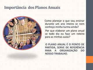Importância dos Planos Anuais
Como planejar o que vou ensinar
durante um ano inteiro se nem
conheço minha turma ainda?
Por que elaborar um plano anual
se todo dia eu faço um roteiro
para as minhas aulas?
O PLANO ANUAL É O PONTO DE
PARTIDA, SERVE DE REFERÊNCIA
PARA A ORGANIZAÇÃO DO
NOSSO TRABALHO.

 