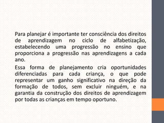 Para planejar é importante ter consciência dos direitos
de aprendizagem no ciclo de alfabetização,
estabelecendo uma progressão no ensino que
proporciona a progressão nas aprendizagens a cada
ano.
Essa forma de planejamento cria oportunidades
diferenciadas para cada criança, o que pode
representar um ganho significativo na direção da
formação de todos, sem excluir ninguém, e na
garantia da construção dos direitos de aprendizagem
por todas as crianças em tempo oportuno.

 