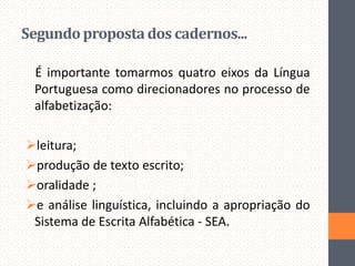 Segundo proposta dos cadernos...
É importante tomarmos quatro eixos da Língua
Portuguesa como direcionadores no processo de
alfabetização:
leitura;
produção de texto escrito;
oralidade ;
e análise linguística, incluindo a apropriação do
Sistema de Escrita Alfabética - SEA.

 