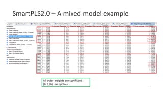 SmartPLS2.0 – A mixed model example
All outer weights are significant
(t>1,96), except four...
117
 