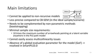 Main limitations
• Cannot be applied to non-recursive models
• Less precise compared to CB-SEM (in the ideal sample/scenario)
• Needs to be complemented by non-parametric methods
(bootstrapping)
• Minimal sample size requirements:
• 10 times the maximum number of arrowheads pointing at a latent variable
anywhere in the PLS path model
• Cannot easily assess multicollinearity issues
• Absence of a global evaluation parameter for the model (GoF) ->
resolved in SmartPLS3.0
125Henseler et al. (2009) Hair et al. (2014)Streiner (2004)
 