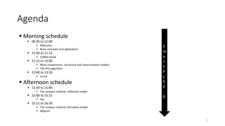 Agenda
▪ Morning schedule
▪ 09:30 to 11:00
✓ Welcome
✓ Basic concepts and application
▪ 11:00 to 11:15
✓ Coffee-break
▪ 11:15 to 13:00
✓ Main components: structural and measurement models
✓ The PLS algorithm
▪ 13:00 to 13:30
✓ Lunch
▪ Afternoon schedule
▪ 13:30 to 15:00
✓ The analysis method: reflective model
▪ 15:00 to 15:15
✓ Tea
▪ 15:15 to 16:30
✓ The analysis method: formative model
✓ Adjourn
S
m
a
r
t
P
L
S
2
.
0
2
 