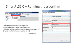SmartPLS2.0 – Running the algorithm
60
- Path Weighting Scheme: uses regression.
- Factor Weighting Scheme: uses correlation.
- Centroid Weighting Scheme: uses only correlation signs “+/-
1” (older method to be used as a last resort).
Ringle et al. (2014)
 