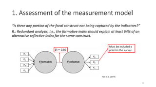 1. Assessment of the measurement model
“Is there any portion of the focal construct not being captured by the indicators?”
R.: Redundant analysis, i.e., the formative index should explain at least 64% of an
alternative reflective index for the same construct.
90
Hair et al. (2014)
Must be included a
priori in the surveyβ >= 0.80
 