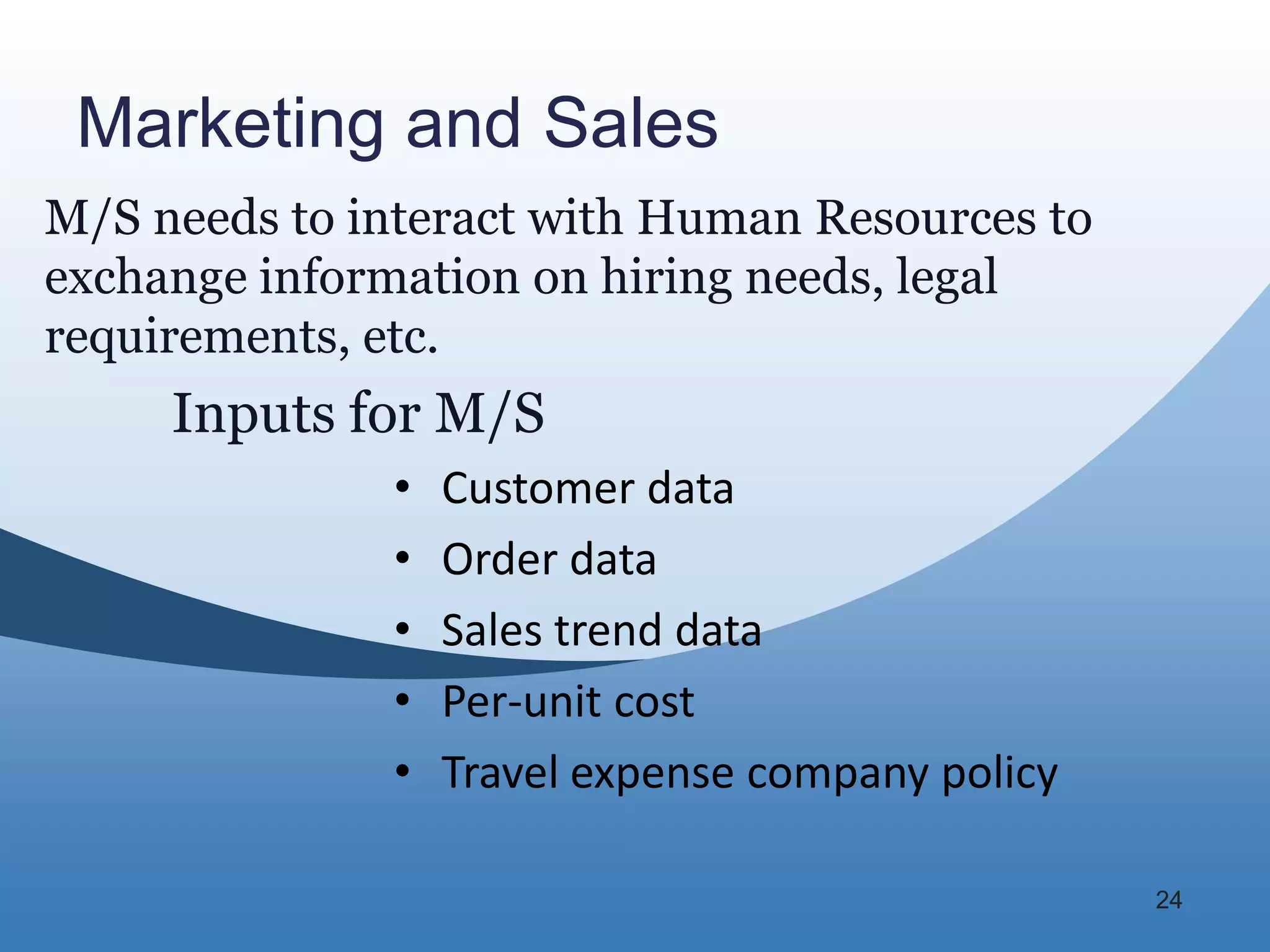 Marketing and Sales
M/S needs to interact with Human Resources to
exchange information on hiring needs, legal
requirements, etc.
     Inputs for M/S
              •   Customer data
              •   Order data
              •   Sales trend data
              •   Per-unit cost
              •   Travel expense company policy

                                                  24
 