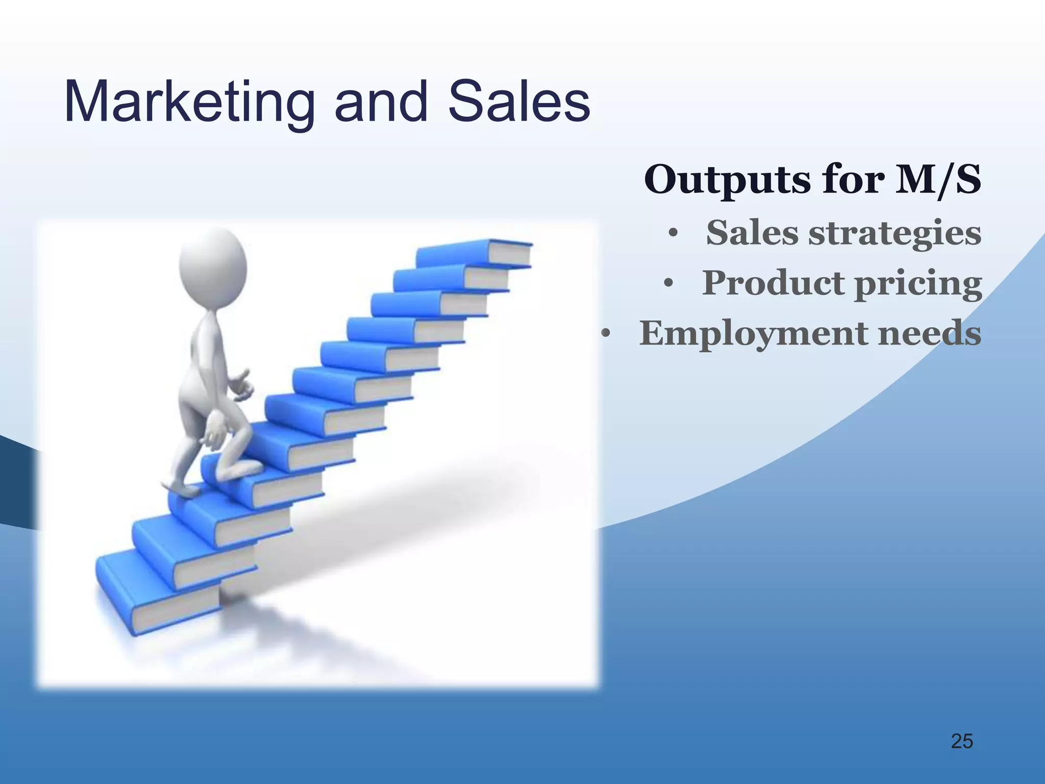 Marketing and Sales
                        Outputs for M/S
                         • Sales strategies
                         • Product pricing
                      • Employment needs




                                         25
 