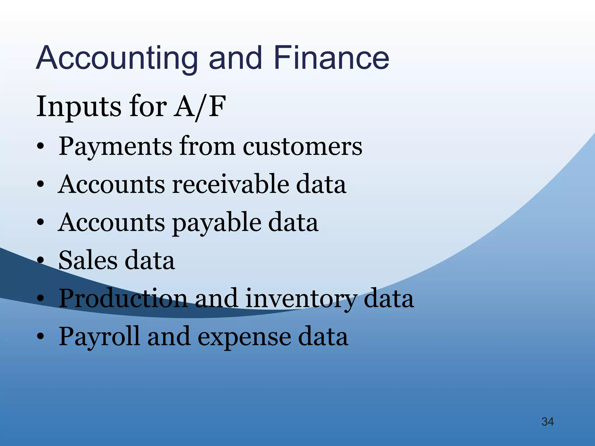 Accounting and Finance
Inputs for A/F
•   Payments from customers
•   Accounts receivable data
•   Accounts payable data
•   Sales data
•   Production and inventory data
•   Payroll and expense data


                                    34
 