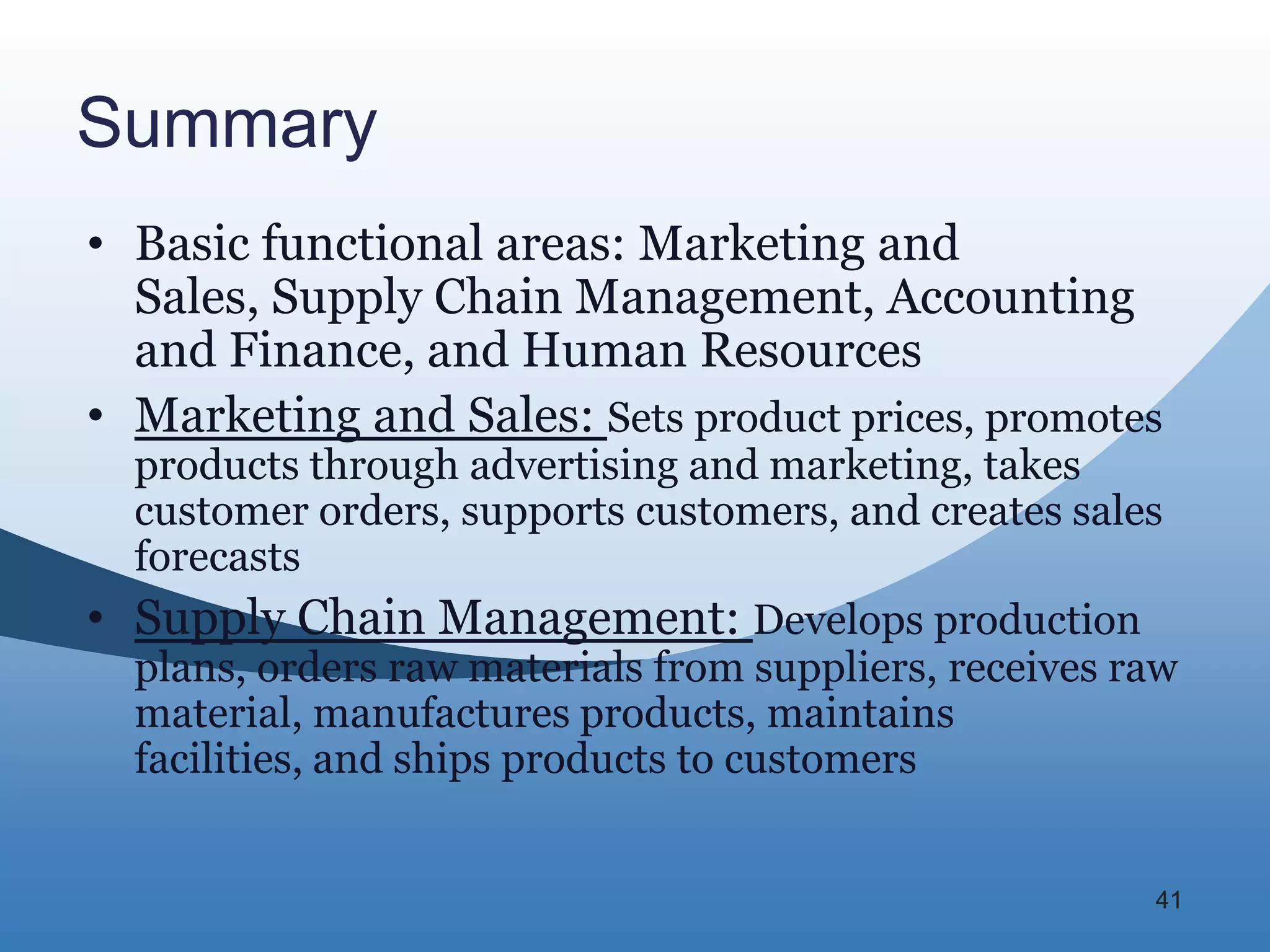 Summary
• Basic functional areas: Marketing and
  Sales, Supply Chain Management, Accounting
  and Finance, and Human Resources
• Marketing and Sales: Sets product prices, promotes
  products through advertising and marketing, takes
  customer orders, supports customers, and creates sales
  forecasts
• Supply Chain Management: Develops production
  plans, orders raw materials from suppliers, receives raw
  material, manufactures products, maintains
  facilities, and ships products to customers


                                                        41
 