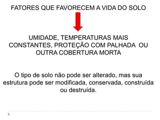 FATORES QUE FAVORECEM A VIDA DO SOLO



       UMIDADE, TEMPERATURAS MAIS
  CONSTANTES, PROTEÇÃO COM PALHADA OU
         OUTRA COBERTURA MORTA


    O tipo de solo não pode ser alterado, mas sua
estrutura pode ser modificada, conservada, construída
                     ou destruída.
 
