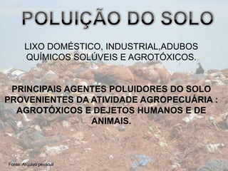 LIXO DOMÉSTICO, INDUSTRIAL,ADUBOS
       QUÍMICOS SOLÚVEIS E AGROTÓXICOS.


 PRINCIPAIS AGENTES POLUIDORES DO SOLO
PROVENIENTES DA ATIVIDADE AGROPECUÁRIA :
  AGROTÓXICOS E DEJETOS HUMANOS E DE
                ANIMAIS.



Fonte: Arquivo pessoal
 