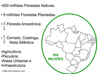 •550 milhões Florestas Nativas;

• 6 milhões Florestas Plantadas.

•   Floresta Amazônica;


•   Cerrado, Caatinga,
     Mata Atlântica

•Agricultura;
•Pecuária;                     850
                            MILHÕES
•Áreas Urbanas e
•Infraestrutura.
Fonte:colorir desenho.com
 