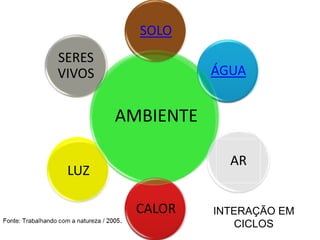SOLO
SERES
VIVOS              ÁGUA


        AMBIENTE

                     AR
 LUZ

          CALOR    INTERAÇÃO EM
                      CICLOS
 