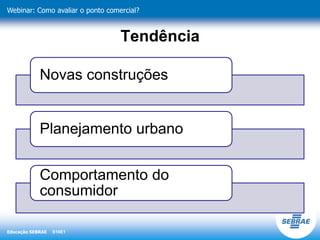 Educação SEBRAE
Webinar: Como avaliar o ponto comercial?
S16E1
Tendência
Novas construções
Planejamento urbano
Comportamento do
consumidor
 