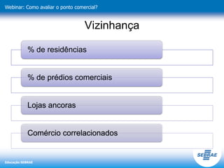 Educação SEBRAE
Webinar: Como avaliar o ponto comercial?
Vizinhança
% de residências
% de prédios comerciais
Lojas ancoras
Comércio correlacionados
 