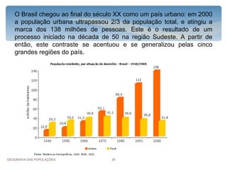 O Brasil chegou ao final do século XX como um país urbano: em 2000
   a população urbana ultrapassou 2/3 da população total, e atingiu a
   marca dos 138 milhões de pessoas. Este é o resultado de um
   processo iniciado na década de 50 na região Sudeste. A partir de
   então, este contraste se acentuou e se generalizou pelas cinco
   grandes regiões do país.




GEOGRAFIA DAS POPULAÇÕES           29
 