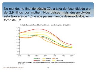 No mundo, no final do século XX, a taxa de fecundidade era
 de 2,9 filhos por mulher, Nos países mais desenvolvidos
 esta taxa era de 1,5, e nos países menos desenvolvidos, em
 torno de 3,2.




GEOGRAFIA DAS POPULAÇÕES      31
 