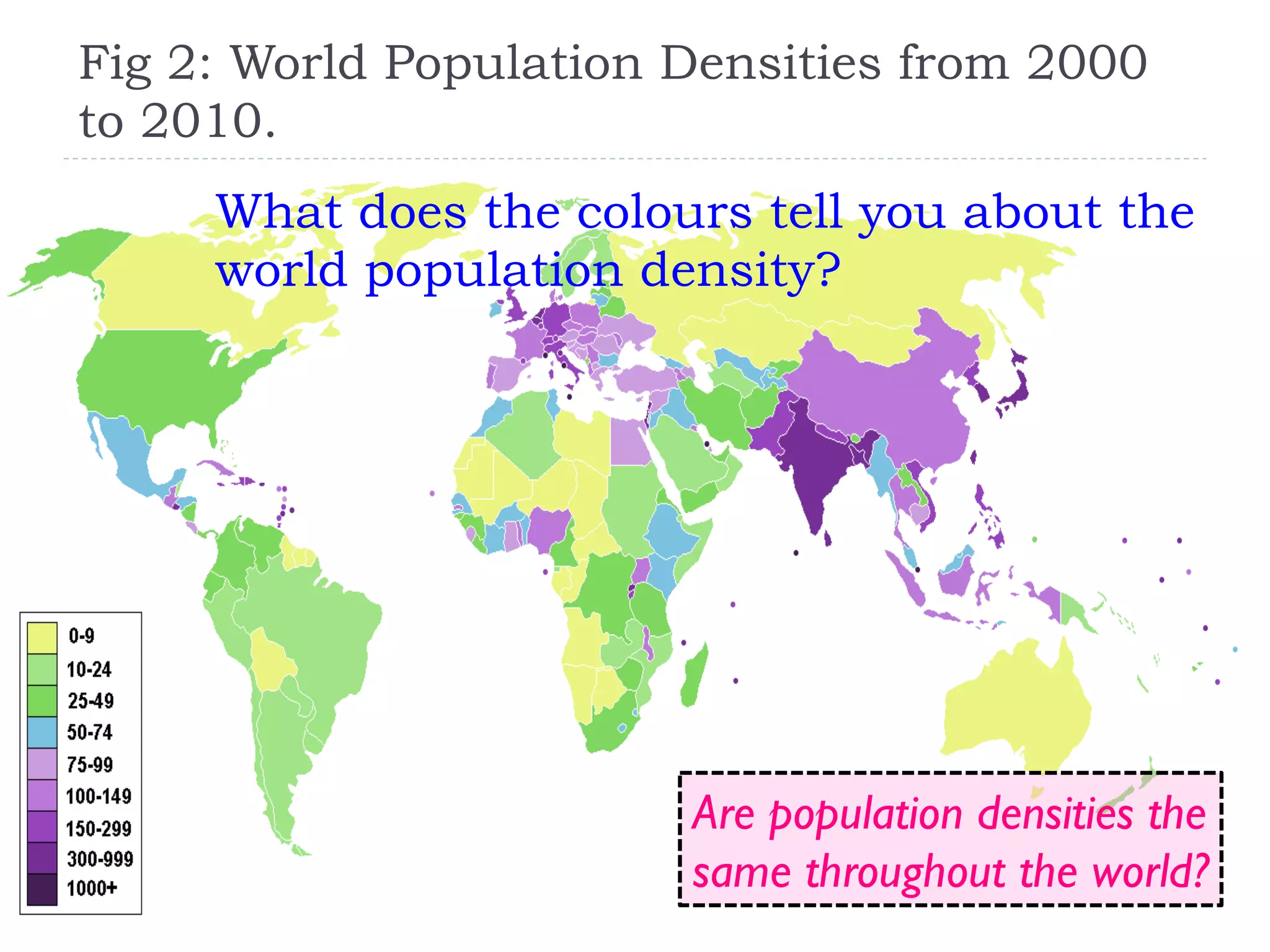 What does the colours tell you about the
world population density?
Are population densities the
same throughout the world?
Fig 2: World Population Densities from 2000
to 2010.
 