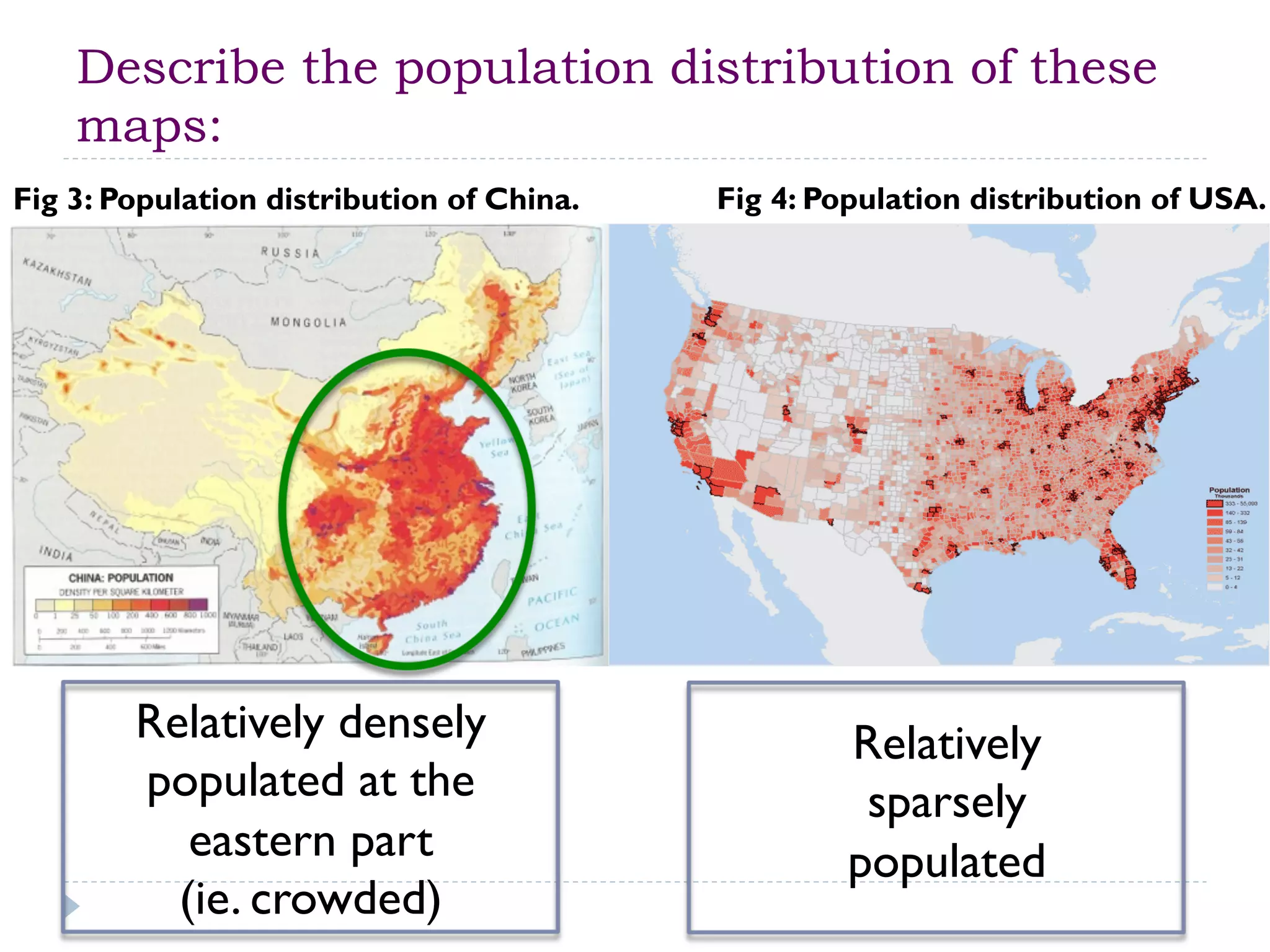 Describe the population distribution of these
maps:
Fig 3: Population distribution of China. Fig 4: Population distribution of USA.
Relatively densely
populated at the
eastern part
(ie. crowded)
Relatively
sparsely
populated
 