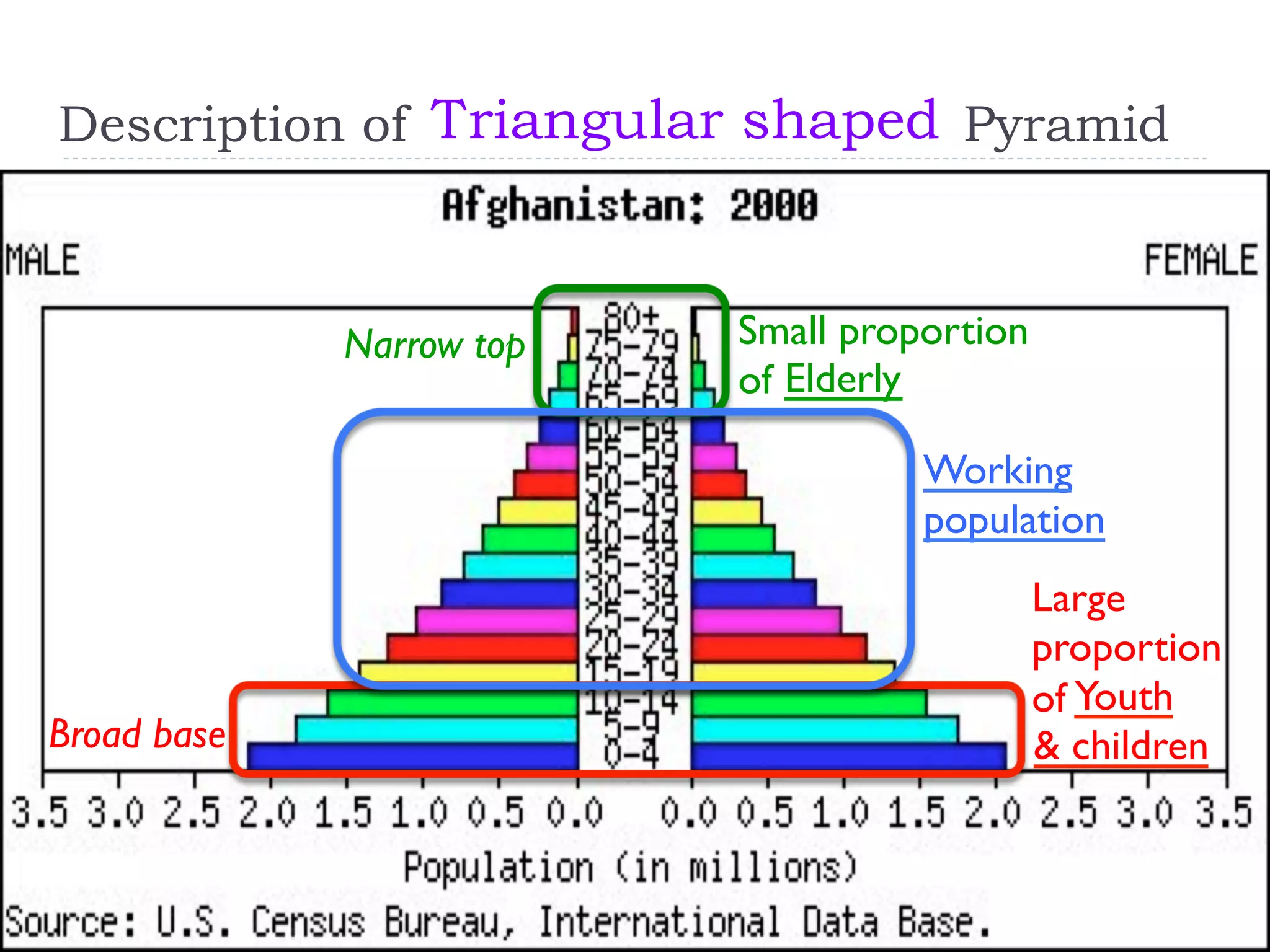 Description of Pyramid
Youth
& children
Elderly
Large
proportion
of
Broad base
Working
population
Triangular shaped
Small proportion
of
Narrow top
 