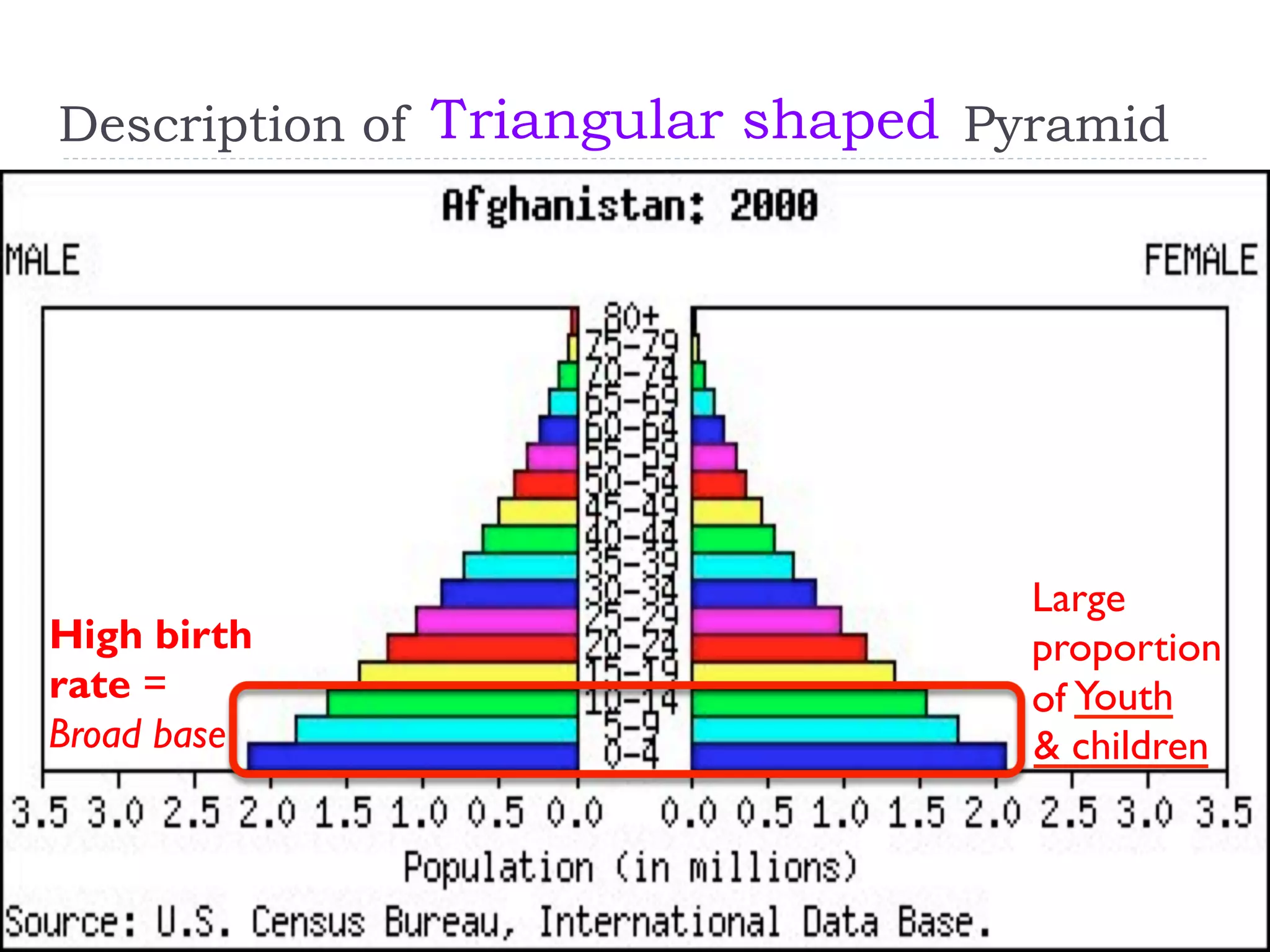 Description of Pyramid
Youth
& children
Large
proportion
of
Broad base
Triangular shaped
High birth
rate =
 