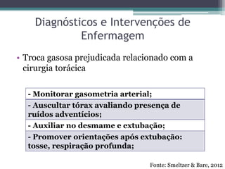 Diagnósticos e Intervenções de
Enfermagem
• Troca gasosa prejudicada relacionado com a
cirurgia torácica
- Monitorar gasometria arterial;
- Auscultar tórax avaliando presença de
ruídos adventícios;
- Auxiliar no desmame e extubação;
- Promover orientações após extubação:
tosse, respiração profunda;
Fonte: Smeltzer & Bare, 2012
 