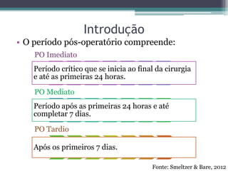 Introdução
• O período pós-operatório compreende:
PO Imediato
Período crítico que se inicia ao final da cirurgia
e até as primeiras 24 horas.
PO Mediato
Período após as primeiras 24 horas e até
completar 7 dias.
PO Tardio
Após os primeiros 7 dias.
Fonte: Smeltzer & Bare, 2012
 