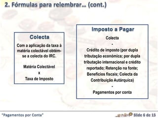 “Pagamentos por Conta”
Colecta
Com a aplicação da taxa à
matéria colectável obtém-
se a colecta do IRC.
Matéria Colectável
x
Taxa de Imposto
Imposto a Pagar
Colecta
-
Crédito de imposto (por dupla
tributação económica; por dupla
tributação internacional e crédito
reportado; Retenção na fonte;
Benefícios fiscais; Colecta da
Contribuição Autárquica)
-
Pagamentos por conta
 