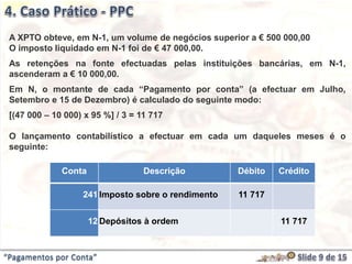 “Pagamentos por Conta”
Conta Descrição Débito Crédito
241 Imposto sobre o rendimento 11 717
12 Depósitos à ordem 11 717
A XPTO obteve, em N-1, um volume de negócios superior a € 500 000,00
O imposto liquidado em N-1 foi de € 47 000,00.
As retenções na fonte efectuadas pelas instituições bancárias, em N-1,
ascenderam a € 10 000,00.
Em N, o montante de cada “Pagamento por conta” (a efectuar em Julho,
Setembro e 15 de Dezembro) é calculado do seguinte modo:
[(47 000 – 10 000) x 95 %] / 3 = 11 717
O lançamento contabilístico a efectuar em cada um daqueles meses é o
seguinte:
 