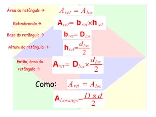 Como:
Área do retângulo 
Base do retângulo 
Altura do retângulo 
Então, área do
retângulo 
Relembrando 
 