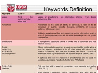 Keywords Definition
Keyword Author Definition
Usage Find the
author,scholar,
what year
• Usage of smartphone on information sharing from Social
Networking Site
Awareness • Awareness is the state or ability to perceive, to feel, or to be
conscious of events, objects, thoughts, emotions, or sensory
patterns. (Dictionary.com)
• Ability to perceive and feel and conscious on the Information sharing
from IT (smartphones) that will increase knowledge on the public
child welfare
Smartphone • A handphone/ cellphone where it works like a computer and has
internet access
Social
networking
applications
on smartphones
• Allows individuals to construct a public or semi-public profile within a
bounded system, articulate a list of other users with whom they
share a connection, and view and traverse their list of connections
and those made by others within the system (Boyd & Ellison, 2007).
• A software that can be installed in smartphones and is used for
socialising purposes. Facebook,Twitter and Whatsapp
Public Child
Welfare
• Children that still in need of protection, care, security and safety
(JKM, 2013) 11
 