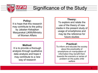 Significance of the Study
Policy:
It is hope that this research
may contribute to the policy
by Jabatan Kebajikan
Masyarakat (JKM)/Ministry
of Women Affairs
Theory:
To explore and relate the
use of the theory of new
media in the present study of
usage of smartphone and
may be the reference for
future studies
Method:
It is to provide a thorough
analysis through qualitative
data analysis and hope it
may contribute to a new
way of research
Practical:
To inform and educate the society
about the practicality of
smartphone on manipulation of
information they benefit them
towards the scenario or series of
problem on the public child
welfare
99
 