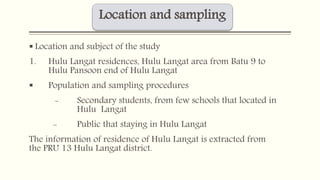 Location and sampling 
 Location and subject of the study 
1. Hulu Langat residences, Hulu Langat area from Batu 9 to 
Hulu Pansoon end of Hulu Langat 
 Population and sampling procedures 
- Secondary students, from few schools that located in 
Hulu Langat 
- Public that staying in Hulu Langat 
The information of residence of Hulu Langat is extracted from 
the PRU 13 Hulu Langat district. 
 