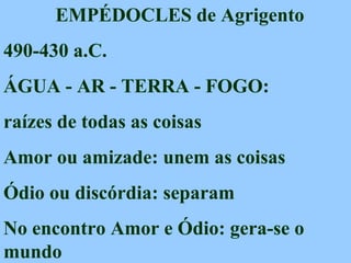 EMPÉDOCLES de Agrigento
490-430 a.C.
ÁGUA - AR - TERRA - FOGO:
raízes de todas as coisas
Amor ou amizade: unem as coisas
Ódio ou discórdia: separam
No encontro Amor e Ódio: gera-se o
mundo
 