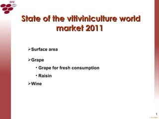 State of the vitiviniculture world
          market 2011

 Surface area

 Grape
    • Grape for fresh consumption
    • Raisin
 Wine




                                              1
                                     © O.I.V.2012
 
