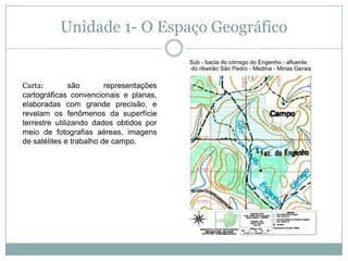Unidade 1- O Espaço GeográficoCarta: são representações cartográficas convencionais e planas, elaboradas com grande precisão, e revelam os fenômenos da superfície terrestre utilizando dados obtidos por meio de fotografias aéreas, imagens de satélites e trabalho de campo.