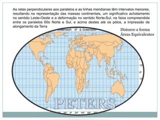 As retas perpendiculares aos paralelos e as linhas meridianas têm intervalos menores, resultando na representação das massas continentais, um significativo achatamento no sentido Leste-Oeste e a deformação no sentido Norte-Sul, na faixa compreendida entre os paralelos 60o Norte e Sul, e acima destes até os pólos, a impressão de alongamento da TerraDistorce a formaÁreas EquivalentesPETERS