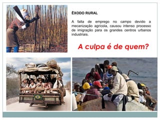 A formação das cidades em conseqüência da industrialização estão diretamente ligadas as péssimas condições de vida existentes na zona rural, em função da estrutura fundiária bastante concentrada, dos baixos salários, da falta de apoio aos pequenos agricultores. 