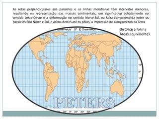 As retas perpendiculares aos paralelos e as linhas meridianas têm intervalos menores, resultando na representação das massas continentais, um significativo achatamento no sentido Leste-Oeste e a deformação no sentido Norte-Sul, na faixa compreendida entre os paralelos 60o Norte e Sul, e acima destes até os pólos, a impressão de alongamento da TerraDistorce a formaÁreas EquivalentesPETERS