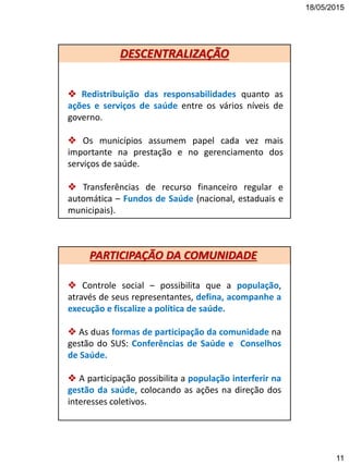 18/05/2015
11
 Redistribuição das responsabilidades quanto as
ações e serviços de saúde entre os vários níveis de
governo.
 Os municípios assumem papel cada vez mais
importante na prestação e no gerenciamento dos
serviços de saúde.
 Transferências de recurso financeiro regular e
automática – Fundos de Saúde (nacional, estaduais e
municipais).
DESCENTRALIZAÇÃO
 Controle social – possibilita que a população,
através de seus representantes, defina, acompanhe a
execução e fiscalize a política de saúde.
 As duas formas de participação da comunidade na
gestão do SUS: Conferências de Saúde e Conselhos
de Saúde.
 A participação possibilita a população interferir na
gestão da saúde, colocando as ações na direção dos
interesses coletivos.
22
PARTICIPAÇÃO DA COMUNIDADE
 