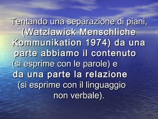 Tentando una separazione di piani,Tentando una separazione di piani,
(Watzlawick Menschliche(Watzlawick Menschliche
Kommunikation 1974) da unaKommunikation 1974) da una
parte abbiamo il contenutoparte abbiamo il contenuto
(si esprime con le parole) e(si esprime con le parole) e
da una parte la relazioneda una parte la relazione
(si esprime con il linguaggio(si esprime con il linguaggio
non verbale).non verbale).
 