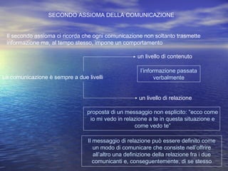 SECONDO ASSIOMA DELLA COMUNICAZIONE
Il secondo assioma ci ricorda che ogni comunicazione non soltanto trasmette
informazione ma, al tempo stesso, impone un comportamento
un livello di contenuto
La comunicazione è sempre a due livelli
un livello di relazione
l’informazione passata
verbalmente
proposta di un messaggio non esplicito: “ecco come
io mi vedo in relazione a te in questa situazione e
come vedo te”
Il messaggio di relazione può essere definito come
un modo di comunicare che consiste nell’offrire
all’altro una definizione della relazione fra i due
comunicanti e, conseguentemente, di se stesso
 